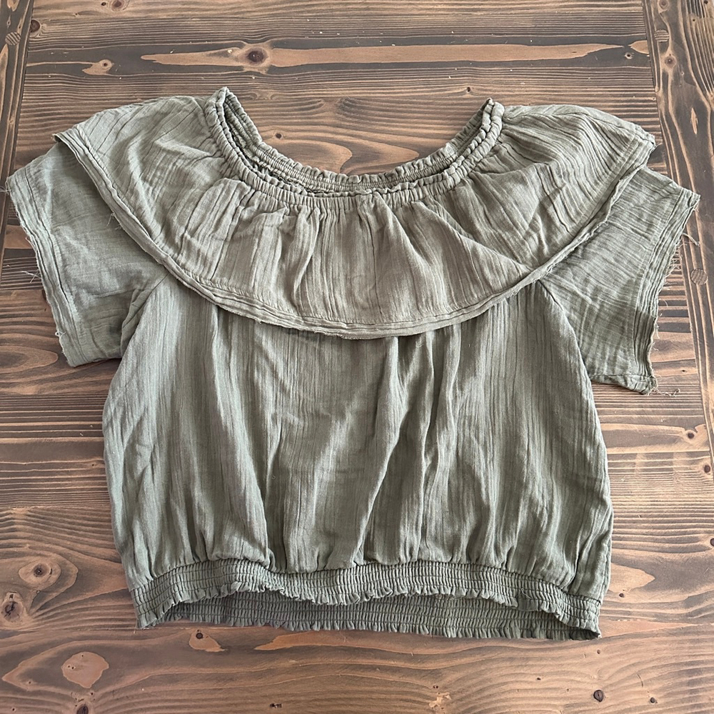 French Laundry Women’s Off Shoulder Crop Top Olive XL Boho Summer